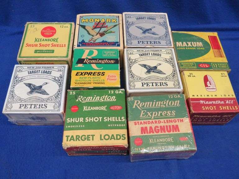 Old shotgun shell boxes from Federal CIL, Remington, Peters and