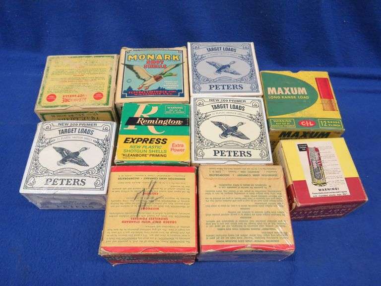 Old shotgun shell boxes from Federal CIL, Remington, Peters and