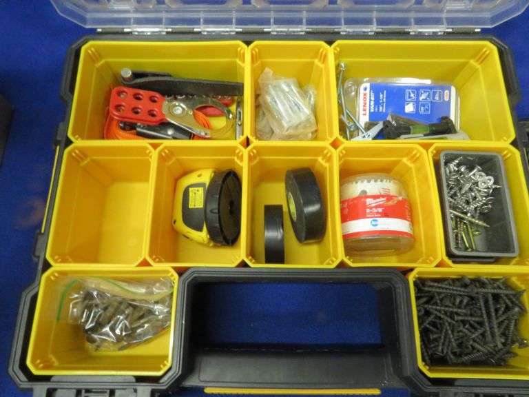 Tools, including a Bostitch air nailer, DeWalt tool or parts organizer