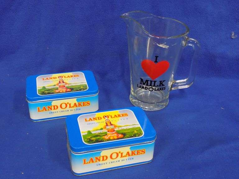 Glass Land O' Lakes pitcher and two Land O' Lakes tins AAA Auction