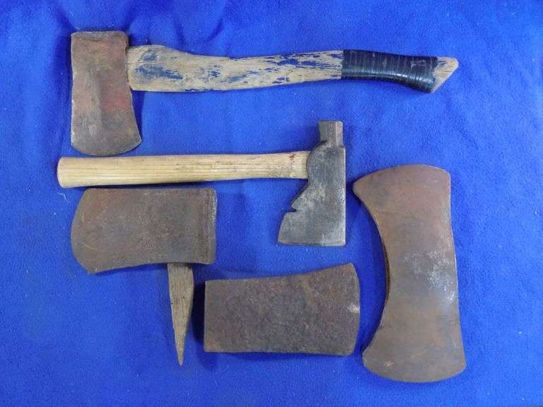 Two hand axes and three vintage axe heads including one doublebit head