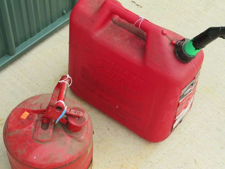 5 gallon spillproof plastic gas can and a 2 gallon metal safety can