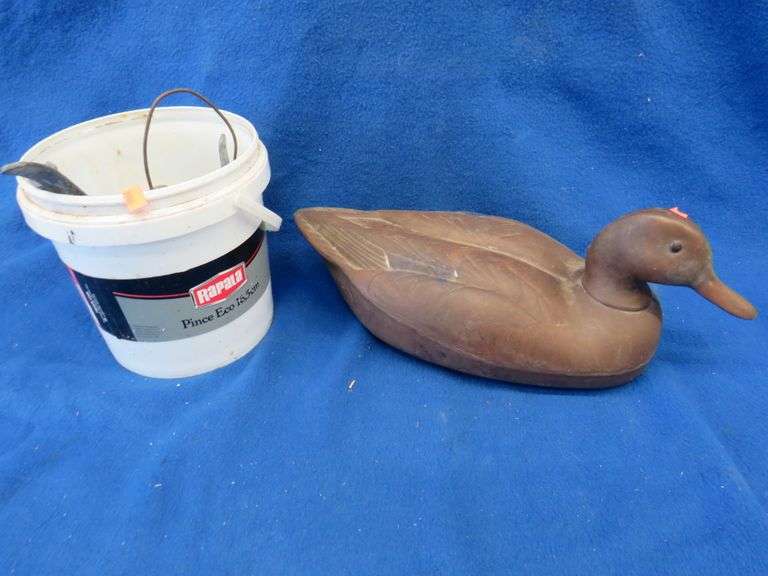 Herter's molded plastic duck decoy and a pail of lead weights AAA