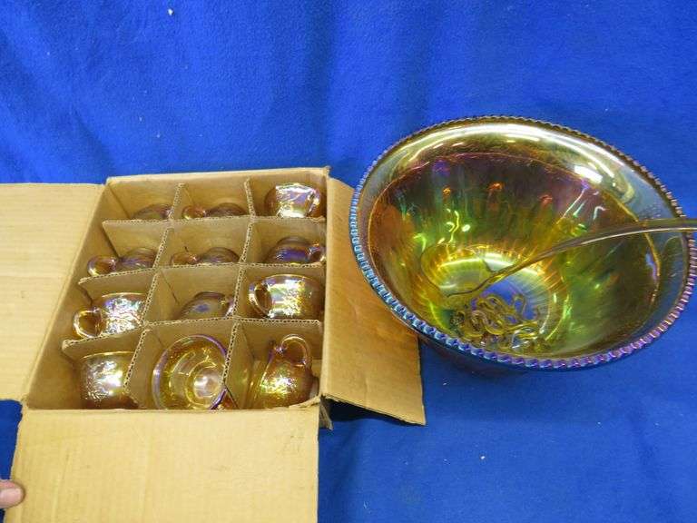 Iridescent gold carnival glass punch bowl set AAA Auction and Realty