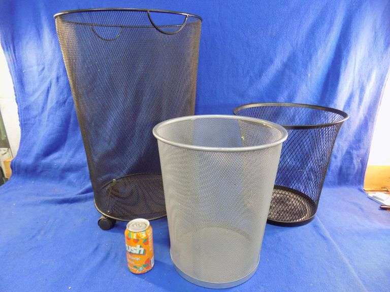 Three wire waste baskets, one on wheels. AAA Auction and Realty