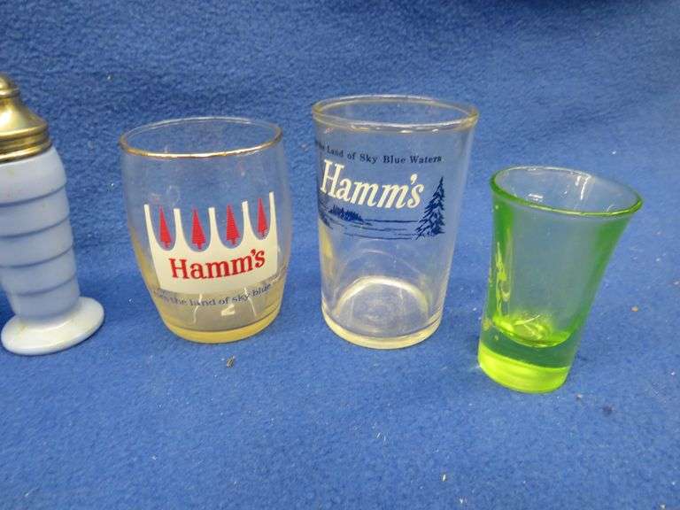 Collectibles including Bagley MN items, a Hummel, Hamm's glasses, and