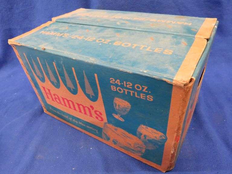 Vintage Hamm's Beer cardboard case and 24 old glass Hamm's beer bottles