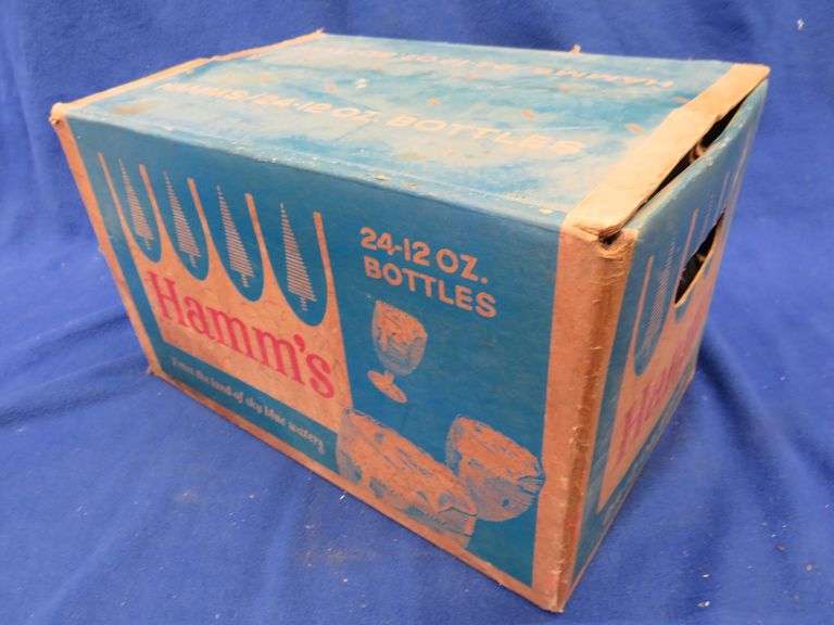 Vintage Hamm's Beer cardboard case and 24 old glass Hamm's beer bottles