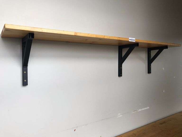 Pine wall shelf w/ black metal brackets 60"x 10" Ascent Auction