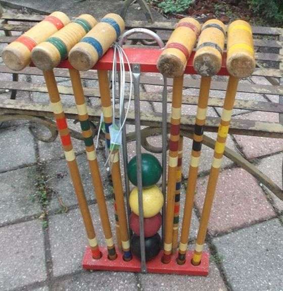 Vintage Croquet Set with bright coloring. Includes rack. Lil Dusty