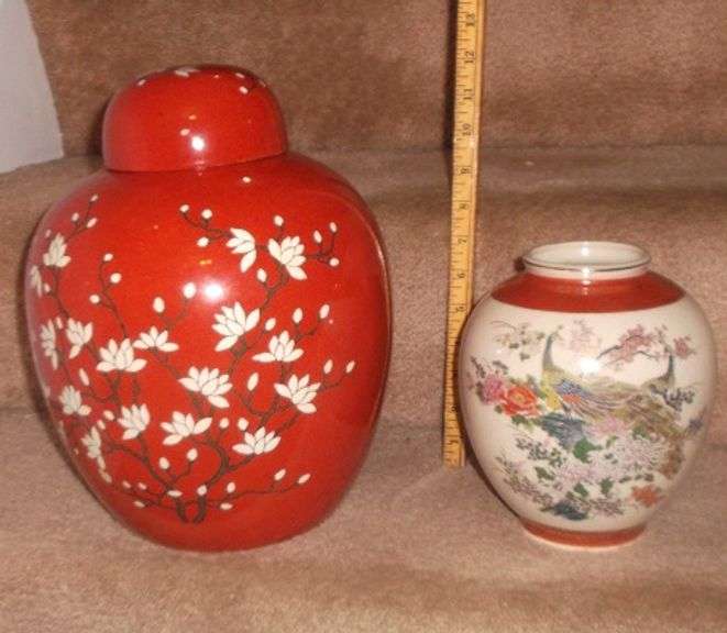 Large Oriental 12" Ginger Jar & 7" Peacock Vase Lil Dusty Online