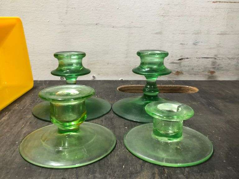 Green depression glass candlesticks 3b… Lil Dusty Online Auctions