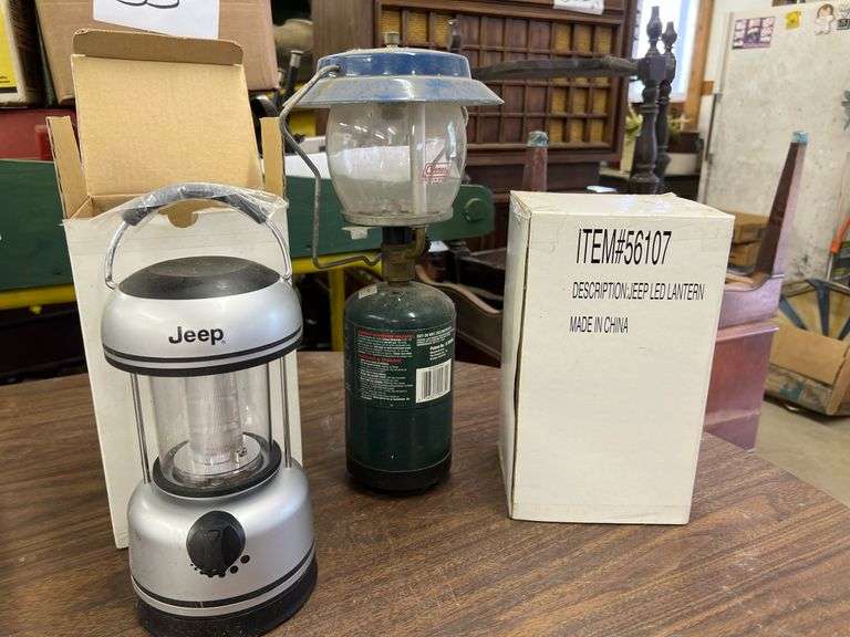Coleman, propane lanterns, with two new one box, jeep, LED lantern