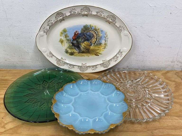 Vintage serving plates, platters, blue milk glass deviled egg plate. 4b