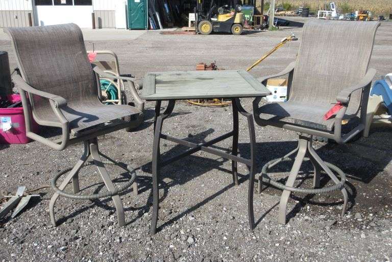 (2) Tall Patio Swivel Chairs with Table Albrecht Auction Service