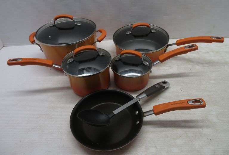 Five-Piece Rachel Ray Cookware Set: 2- Frying Pans, 3- Pots, and (4