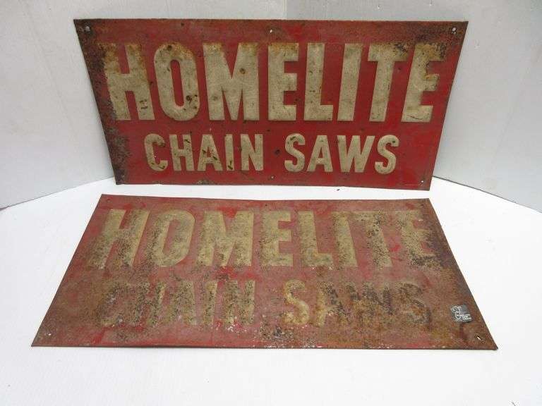 (2) Metal Homelite Chainsaw Signs Albrecht Auction Service