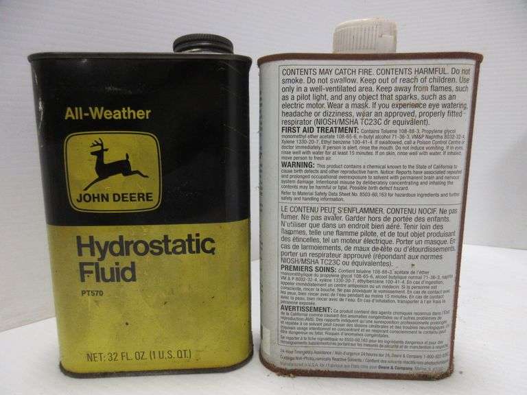 (3) John Deere Oil Cans OneGallon, Empty; OneQuart, Full; OneQuart of Paint Thinner, Empty