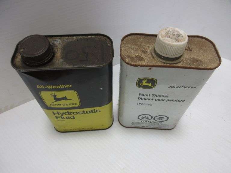 (3) John Deere Oil Cans OneGallon, Empty; OneQuart, Full; OneQuart of Paint Thinner, Empty