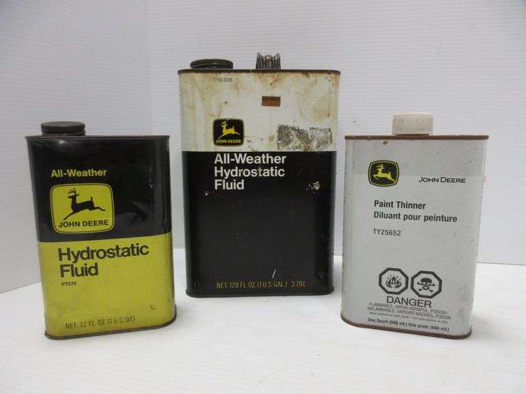 (3) John Deere Oil Cans OneGallon, Empty; OneQuart, Full; OneQuart of Paint Thinner, Empty
