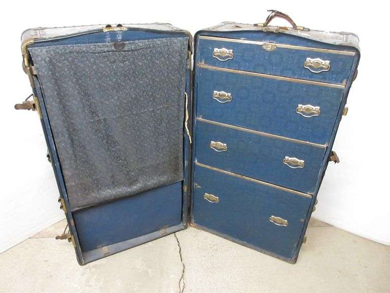 Antique Early 20th Century Upright Steamer Trunk Wardrobe with Drawers