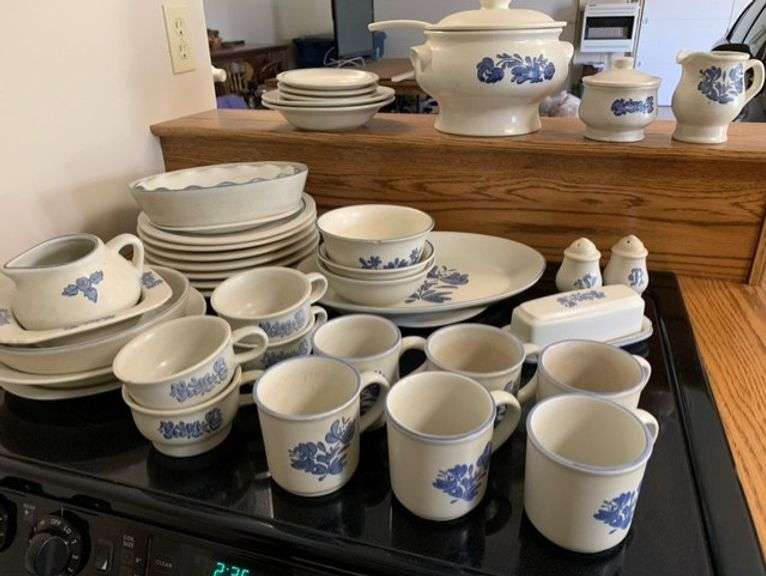 Over (40) Pieces of Blue Print on Cream Pfaltzgraff Dishes, Dishwasher