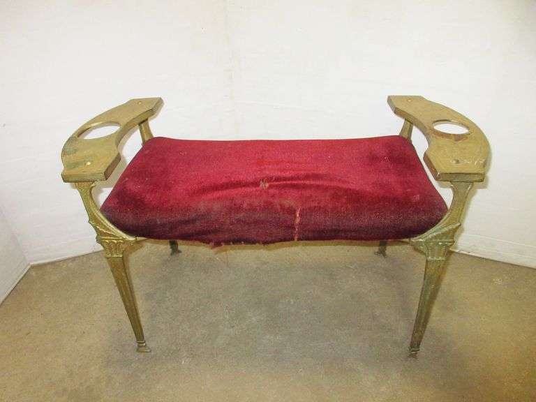 Antique Cast Iron Hallway Bench with Velvet Seat, Brass Tone with Greco
