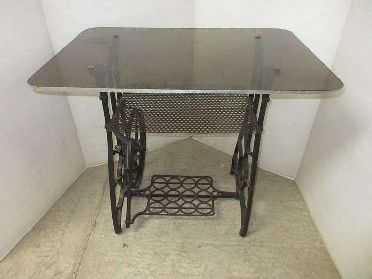 Sewing Machine Legged Table with Black Plexiglass Top, Legs are From a Standard Company Brand