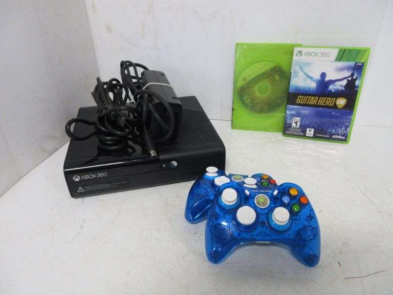 Black Xbox 360 E Model 1538 Game Console with (2) Blue Controllers
