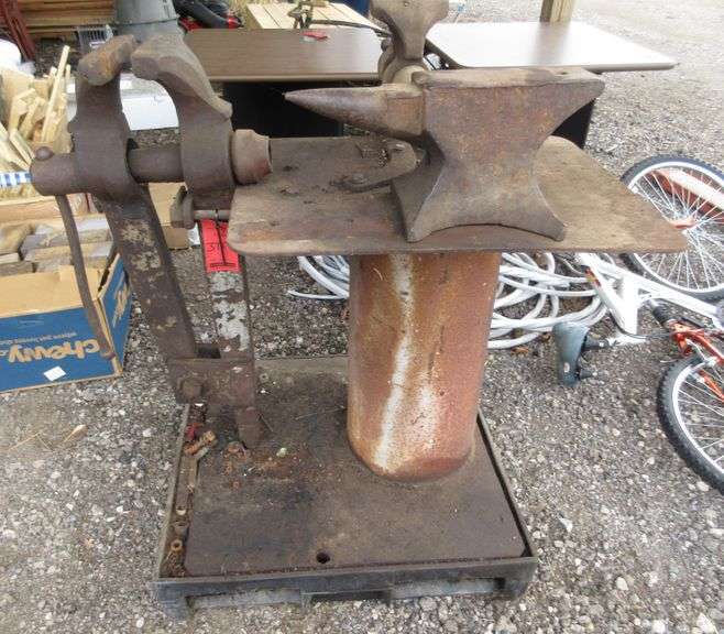 Blacksmith Shop Table with TwoLeg Vise and Anvil, 7" Leg Vise and 8