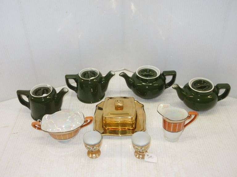 (4) Hall Teapots; (2) Egg Cups, Japan; Noritake Cream and Sugar; Royal