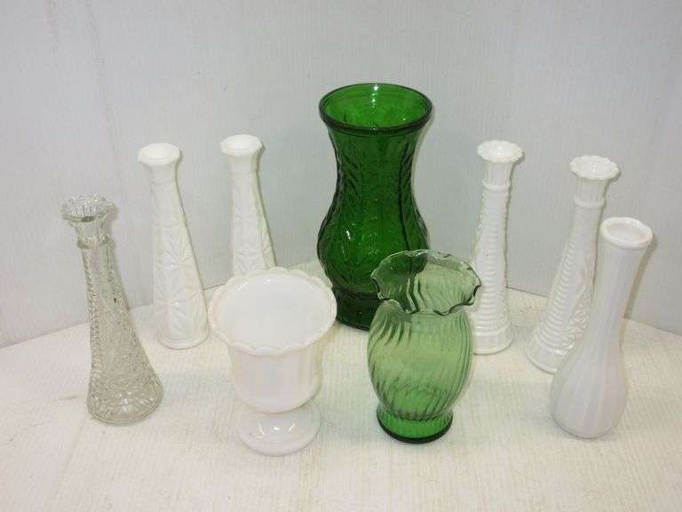 (5) Milk Glass Vases; (2) Green Glass Vases with Swirl and Leaf Pattern