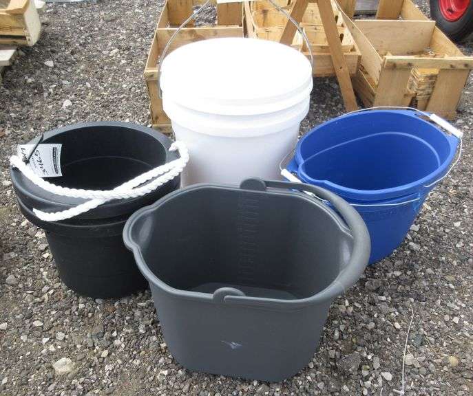 (6) Buckets 2 Blue, New; 2 Rope 2 1/2Gallon Pails; 1 FiveGallon