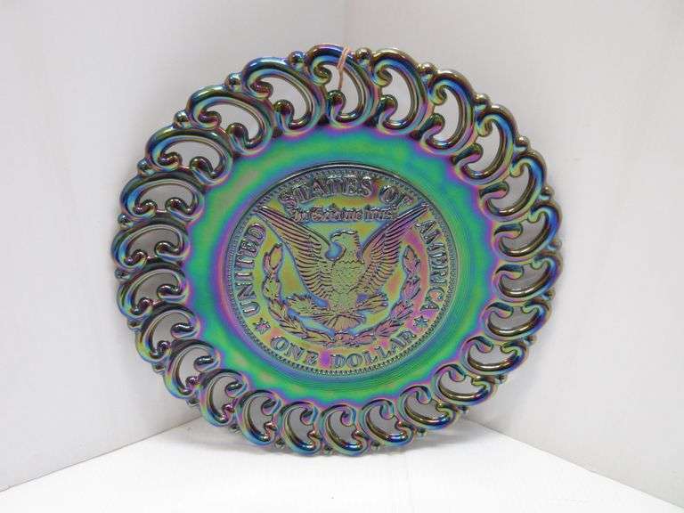 Older Imperial Carnival Glass Cheese Ball Dish; (2) Fenton Carnival Glass Boots; Carnival Glass