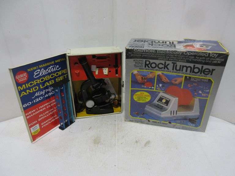 Old Gilbert Microscope and Rolling Stones Rock Tumbler Albrecht
