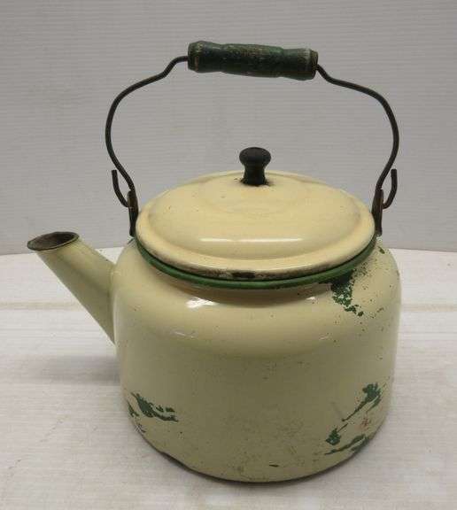 Older Large Enamel Teapot, Shows Wear and Age; Copper Teapot with