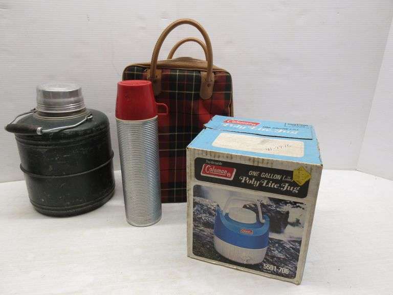 Stone Crock Dispenser; Thermos Picnic Set with Carry Case; Coleman Poly Lite Jug, NOS, Never