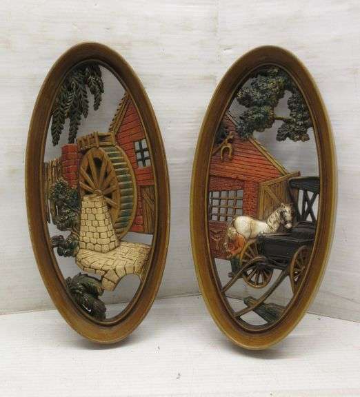 Pair of 1960s Burwood Products Co. Oval Wall Plaques, Windmill and