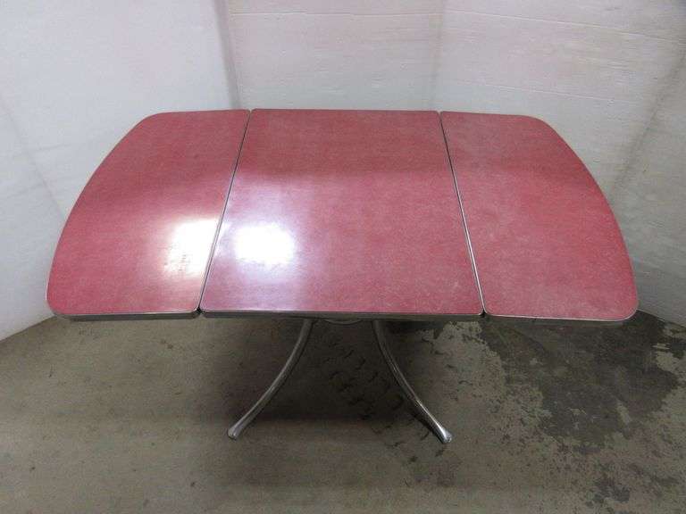 MidCentury Modern Red TwoChrome Table with Drop Sides and Chrome Legs