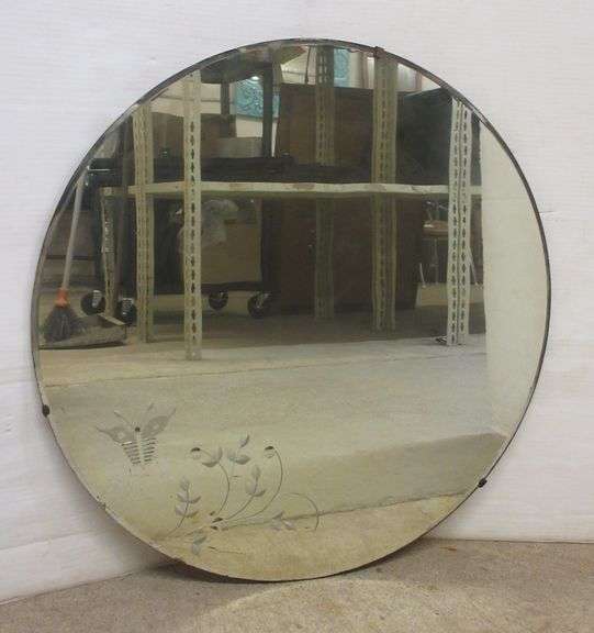 Vintage Etched 24" Round Mirror, Hanging Wire on Back Albrecht