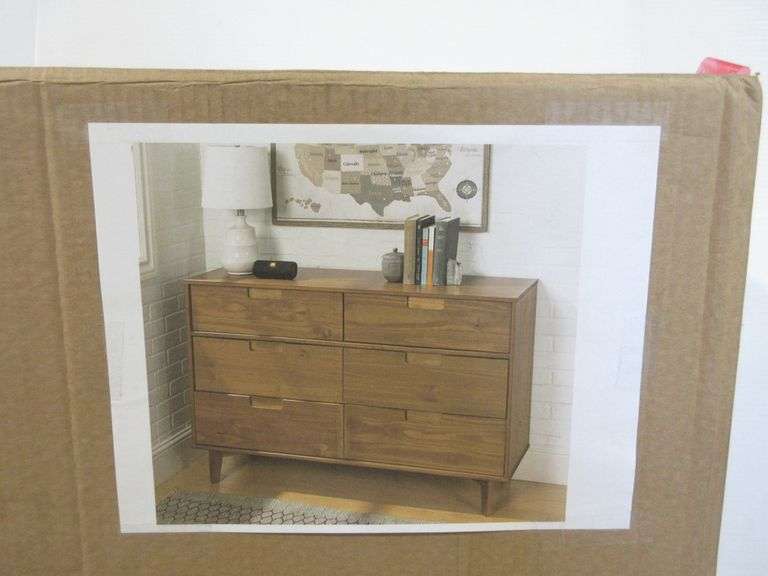 Walker Edison Dresser with Six Drawers, Caramel Color, Angled Legs and