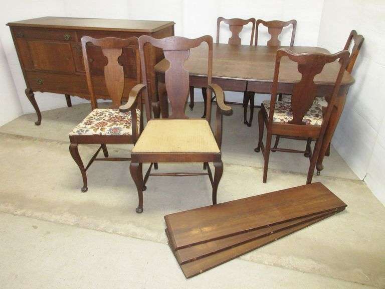 Antique Queen Anne Dining Room Table, (6) Chairs, Buffet, and (3