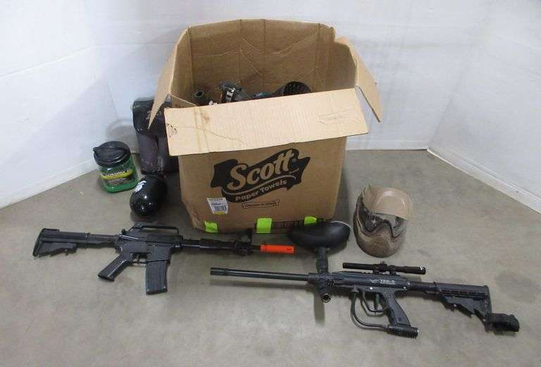 Paintball Guns, Hoppers, Masks, and Tanks; Airsoft Gun with Ammo
