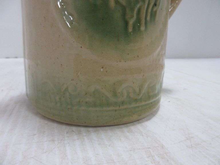 Antique Hull Pottery Salt Glazed Yellow Ware Pitcher with Grazing Cow