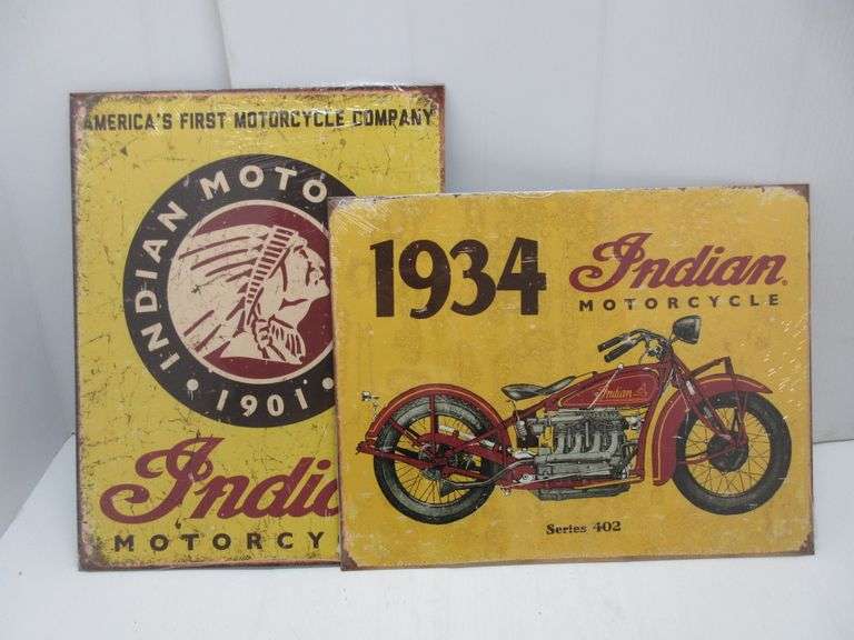 (2) Indian Modern Motorcycle Tin Signs, 1934 Indian Motorcycle, and