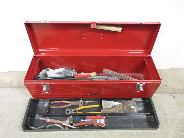 Craftsman Toolbox with 20" Tile Cutter, Snipes, Towels, Float, and Misc