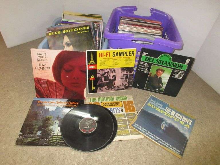 (2) Baskets of various 33 1/3 RPM vinyl records, various genres ...
