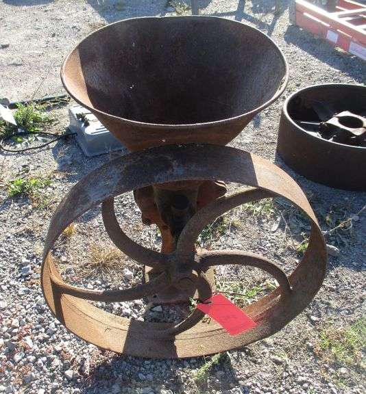 Antique corn grinder, 25"H, used with hit and miss engine, shows wear