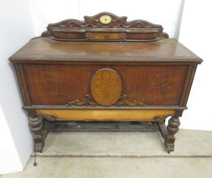Roos Cedar Chest with clock and legs, 45"W x 19"D x 38"H, has wear Albrecht Auction Service