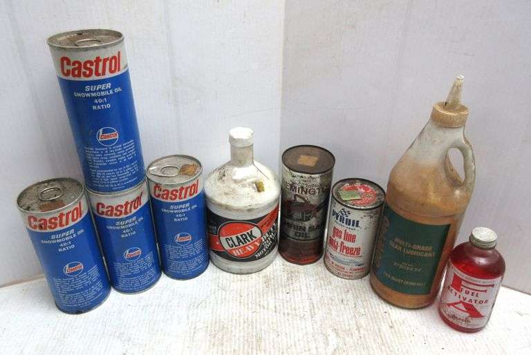 (4) Castrol snowmobile oil cans, Older Remington chainsaw oil can